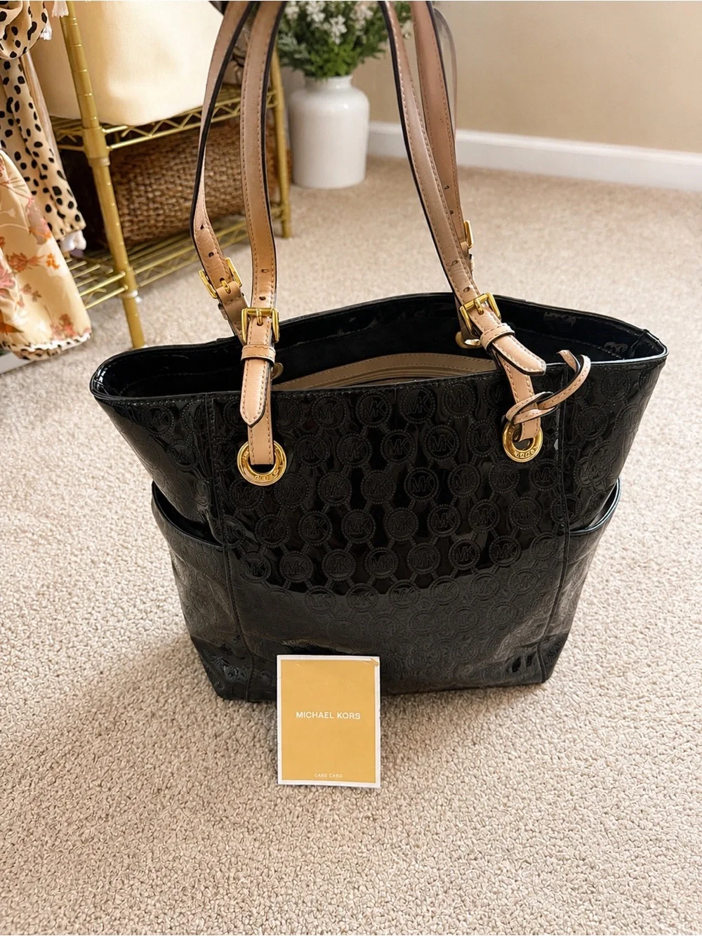 Michael Kors Black Patent Tote with Tan Leather Straps